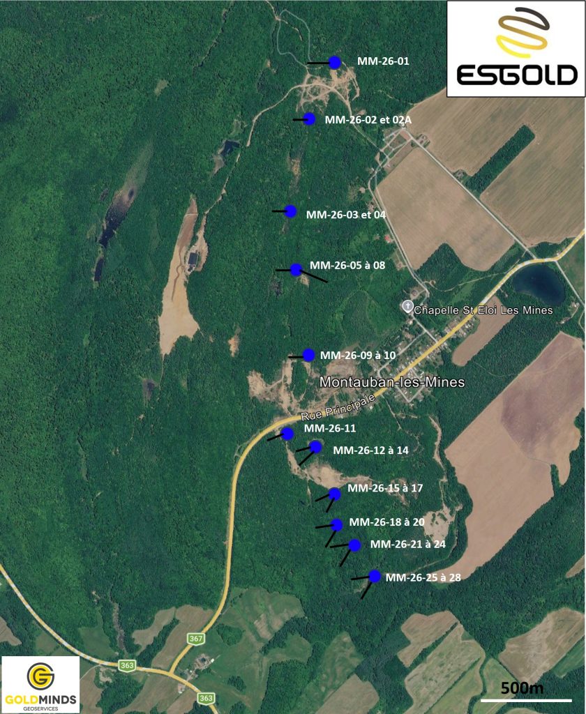 Satellite map of the historic Montauban mine area in Québec showing ESGold 2026 drill-hole collar locations MM-26-01 to MM-26-28, with a 500 m scale bar