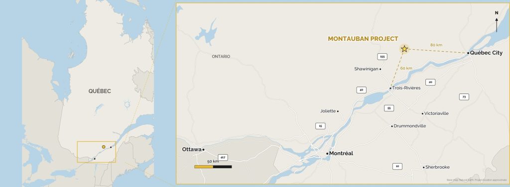 Location map of the Montauban Gold-Silver Project in Quebec, Canada
