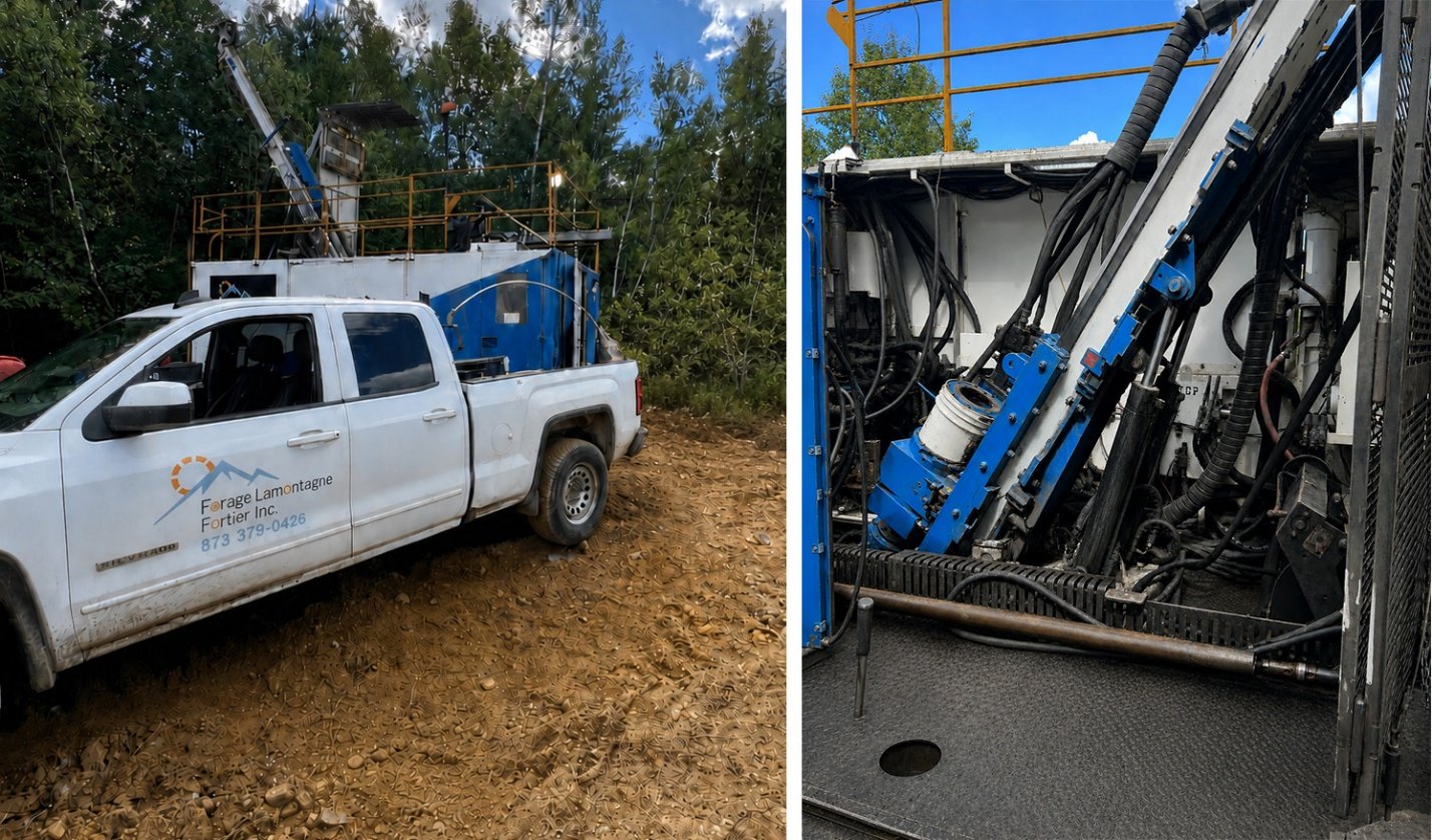 Forage Lamontagne drill rig and contractor vehicle at ESGold’s Montauban Project, Québec