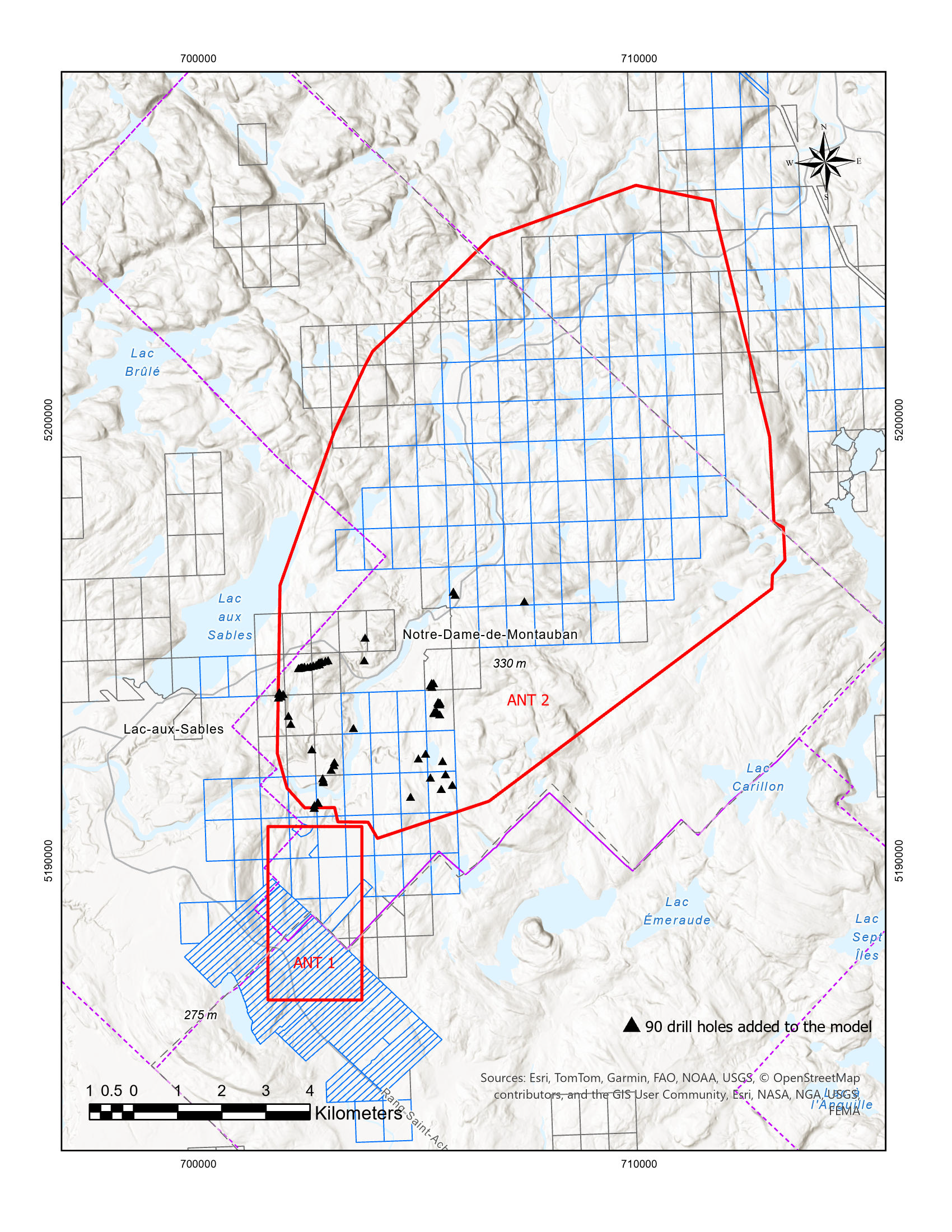 Expanded ANT survey coverage map at the Montauban Project showing the ANT-1 and ANT-2 survey areas and 90 additional historical drill holes