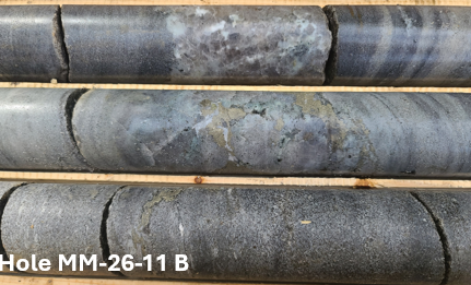 Close view of drill core from ESGold hole MM-26-11 (photo B), showing altered rock with quartz-carbonate veining and visible sulphides