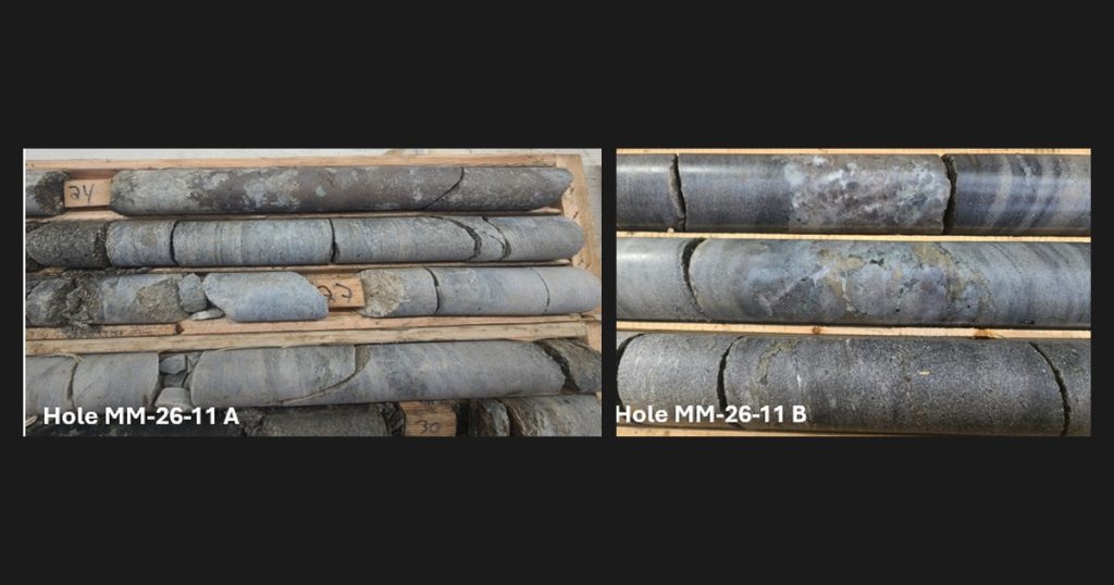 Two drill core photographs from ESGold hole MM-26-11 at the Montauban Project, Québec